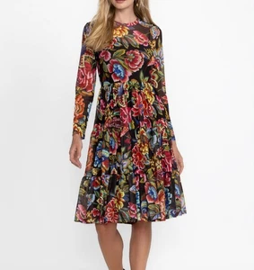 Jade By JOHNNY WAS Antiqua Floral Mesh Dress Midi Long Sleeve Medium - Picture 1 of 7