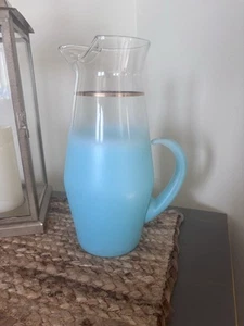 West Virginia Blendo Glass Pitcher Frosted Turquoise MCM Vintage 1950 Gold Trim - Picture 1 of 7
