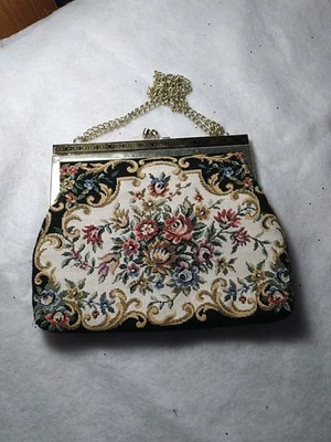 Vintage Tapestry Floral Embroidered Art Evening Purse Handbag Chain Frame Bag  - Image 1 of 4