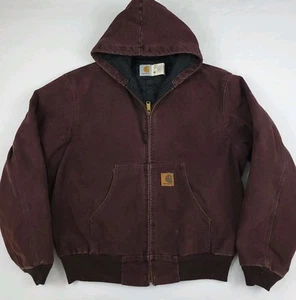 Vintage Carhartt Hooded Jacket Plum Red Color Rare USA Made Workwear Active Sz L - Picture 1 of 8