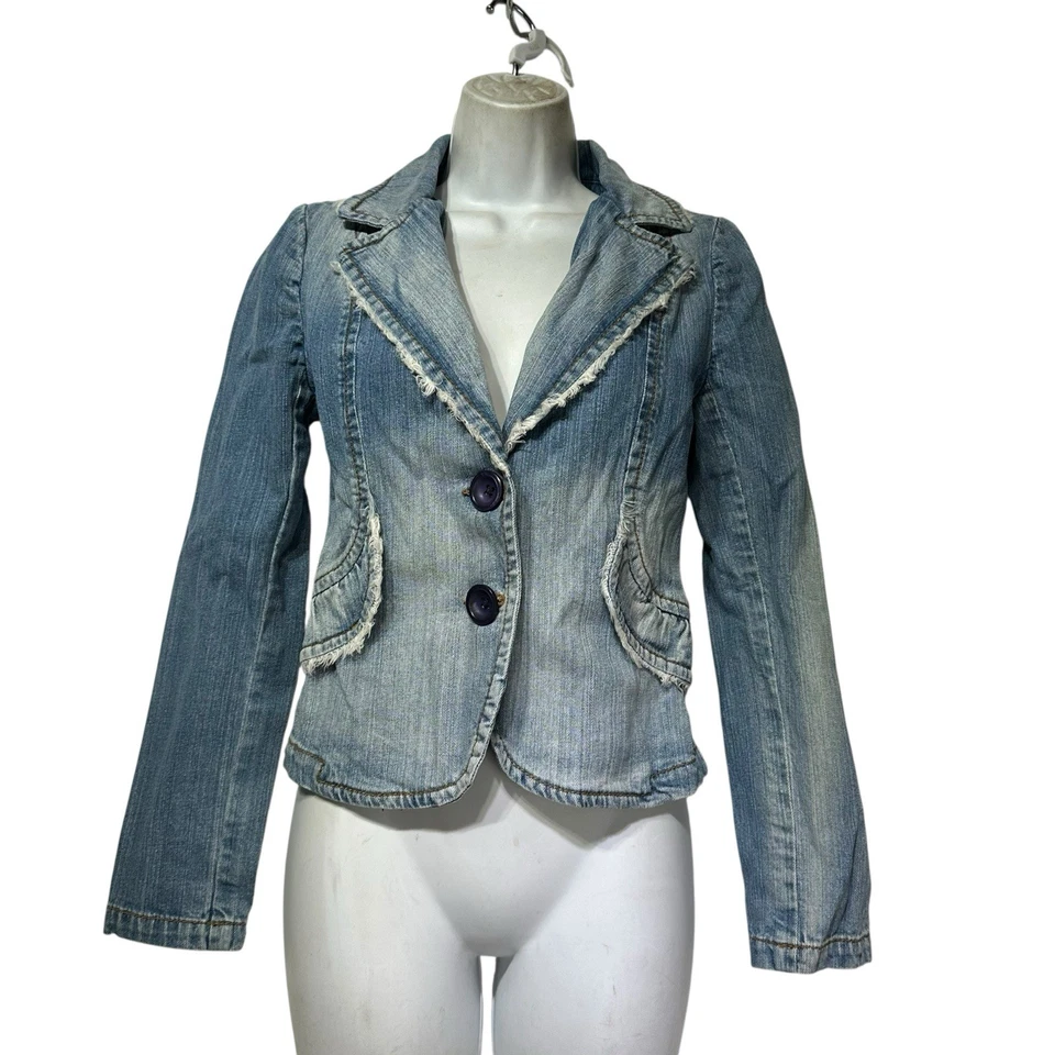 Chaqueta Blazer Rampage Jeans Denim Envejecido Azul Borde con Flecos Y2K Talla S Foto 1 de 4