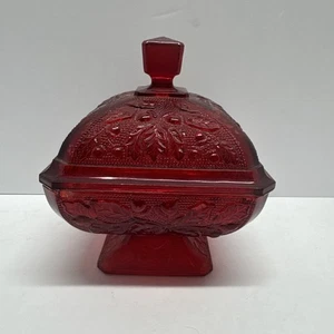 Vintage Jeanette Glass Red Candy Dish Lid Pedestal Footed Acorn Oak READ 5in - Picture 1 of 6