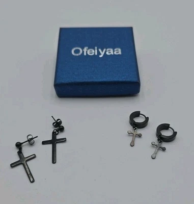 2 pares de pendientes colgantes y aro cruzados negros cristianos, rock, punk, góticos nuevos con caja Foto 1 de 4