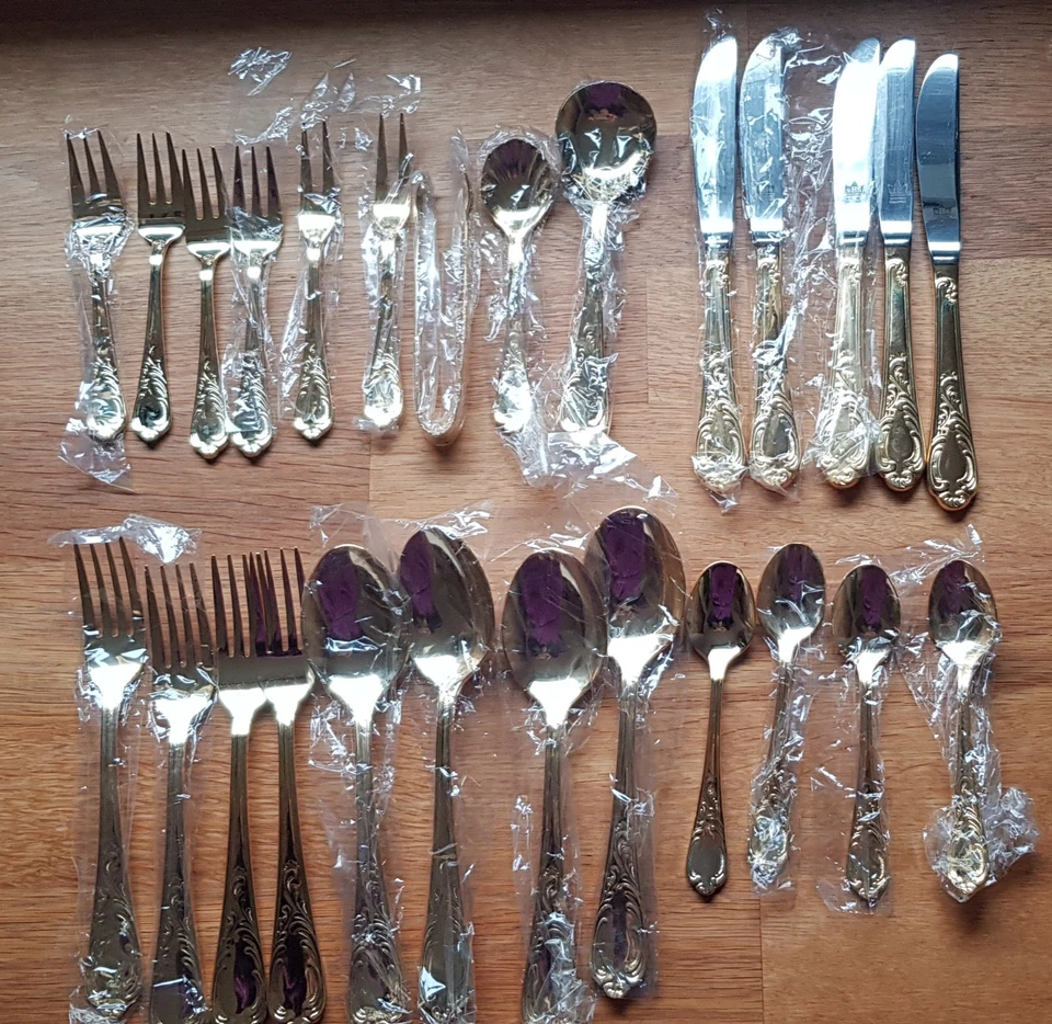 SBS Solingen Besteck 24 Karat Gold 4 Personen Neu hartvergoldet Rostfrei - Bild 1 von 4