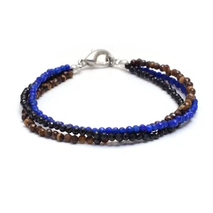 AA+ Natural Lapis Black Spinel and Tiger Eye Multi Stone Beaded Bracelet, Micro - Picture 1 of 3