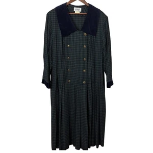 VTG Wool Plaid Tartan Preppy Academia Matilda Dress Velvet Size 2XL Green Navy - Picture 1 of 11