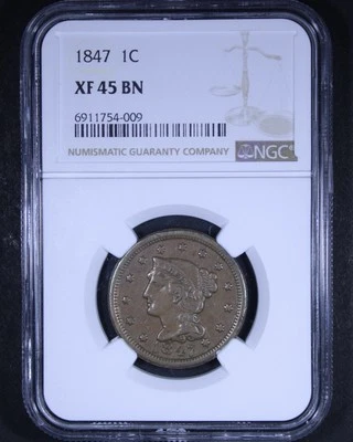 1847 Braided Hair Large Cent - 1c NGC XF45 BN - Brown - Image 1 of 4