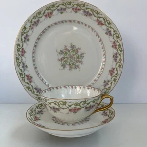 J Pouyat Limoges Pink & Purple Daisy 3pcs Teacup Set in Bone China From France - Picture 1 of 24