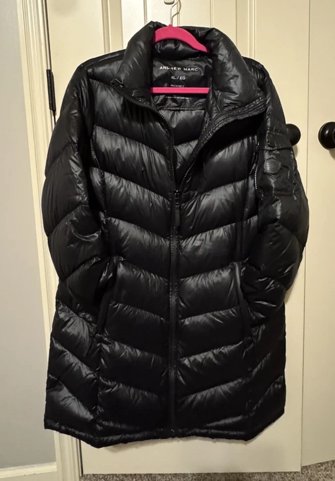 Abrigo Andrew Marc Puffer Talla L Empaquetable Ligero Premium Plumón Largo Abrigo Negro Foto 1 de 4