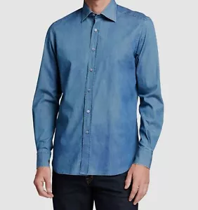 $749 Stefano Ricci 15.5 / 39 Men Blue Denim Long-Sleeve Button Sport Dress Shirt - Picture 1 of 6