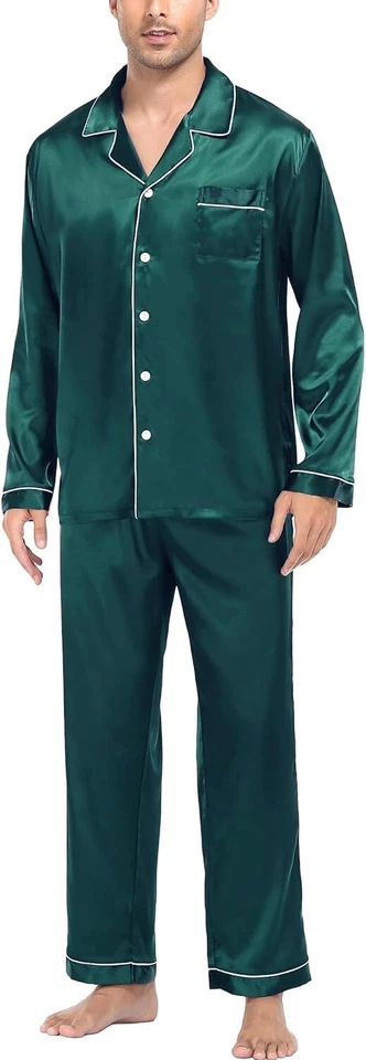 Conjunto de pijama de satén de seda para hombre manga larga con botones dos piezas ropa de dormir Loungewe Foto 1 de 4