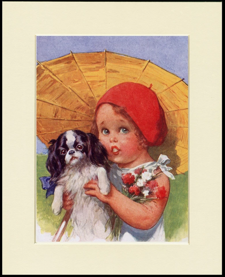 JAPANESE CHIN LITTLE GIRL WITH A PARASOL LOVELY DOG PRINT MOUNTED READY TO FRAME - Image 1 of 1