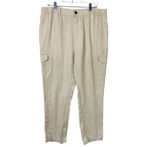 Caribbean Mens Linen Cargo Pants Actual Size 36Wx30L Tan Natural Elastic Waist - Picture 1 of 11