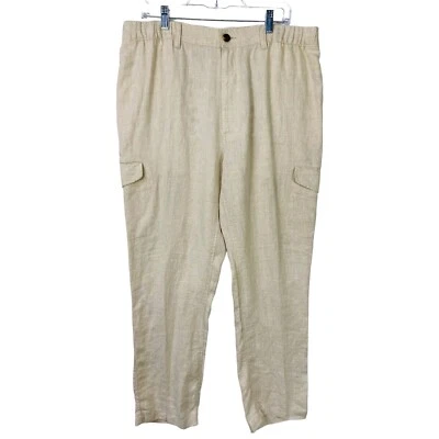 Caribbean Mens Linen Cargo Pants Actual Size 36Wx30L Tan Natural Elastic Waist - Image 1 of 4