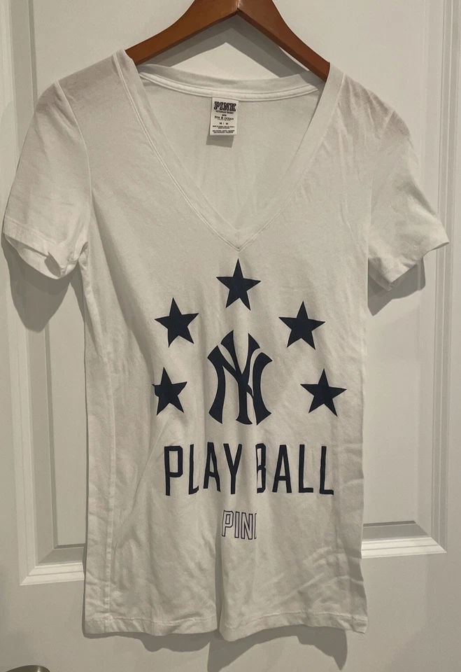 Pink  NY Yankees Ladies White Shirt Play Ball T-Shirt Size Medium Vneck - Image 1 of 4