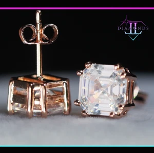 Rose Gold Asscher Ear Studs, Iced Out Ear Studs, Simulated Diamond Earrings - Picture 1 of 9
