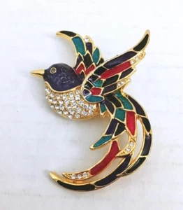 Vintage Bird of Paradise Jeweled Gold Tone Metal Colorful Enamel Brooch - Picture 1 of 8