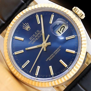 ROLEX MENS DATEJUST 16013 BLUE DIAL 18K GOLD STEEL WATCH w/ BLACK LEATHER BAND - Picture 1 of 8