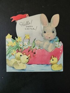 Vtg Gibson Easter Greeting Card Diecut Flocked Bunny Rabbit Egg boat Ducks Daisy