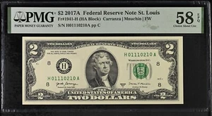 PMG 58 - 2 Dollar Bill Fancy serial Number H 01110210 A $2 99.07% extremely cool - Picture 1 of 2