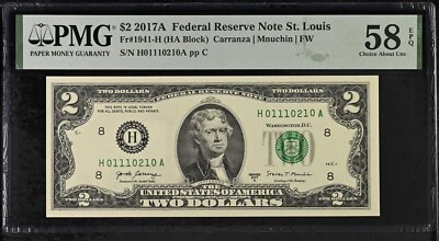 PMG 58 - 2 Dollar Bill Fancy serial Number H 01110210 A $2 99.07% extremely cool - Image 1 of 2