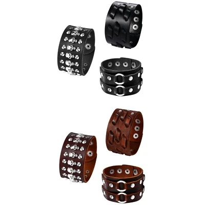 3pcs Gothic Punk Wide Leather Bracelet Mens Skull Studded Bangle Cuff Adjustable - Image 1 of 4
