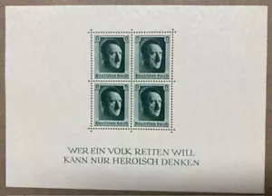 Germany Stamps 1937 A.Hitler Souvenir Sheet B102 swastikaswatermarked - Picture 1 of 3
