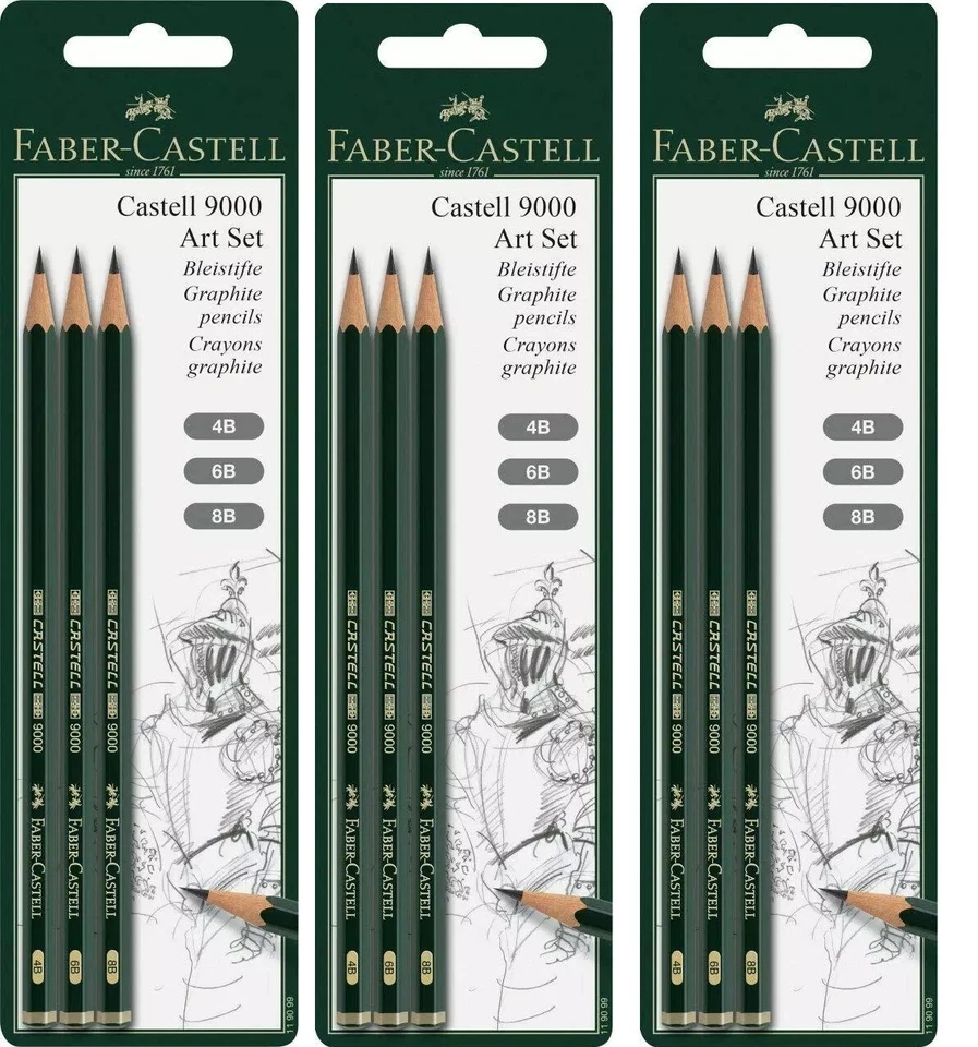 3 Paquetes, Juego de Lápices Arte Grafito Faber Castell 9000, 4B 6B 8B por Pack, Nuevo Foto 1 de 1