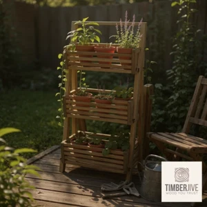 Rustic Wooden 3-Tier Ladder Planter – Indoor/Outdoor Foldable Plant Rack - Picture 1 of 22