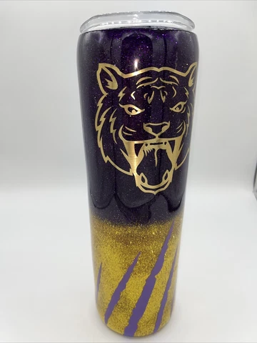 LSU Tigers Louisiana University tumbler HAND MADE GLITTER Cup Wt Lid Gold Purple Cover