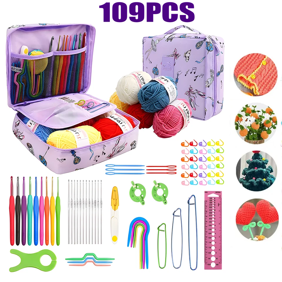 109PCS Ergonomic Crochet Hook Set 5 Rolls Yarn Knitting Needles Kits for Family - Image 1 of 4