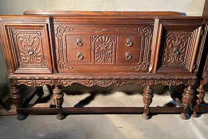 Antique Vintage Solid Oak Jacobean Dinning Room Sideboard, Highboy and Chairs. - Picture 1 of 5