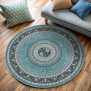Round Turquoise Turkish Rug, Blue Black Oushak, Paisley Vintage, Oriental Rustic - Picture 1 of 4