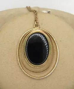 ANTQ art nouveau Black Gold Mourning 12k GF Pendant 1.5” Necklace VTG Chic 18” - Picture 1 of 7