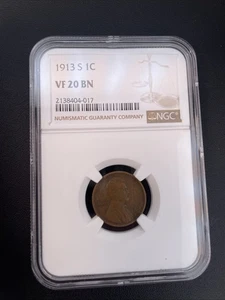 1913 S Lincoln Cent NGC VF 20 BN Wheat Penny 1c - Picture 1 of 6