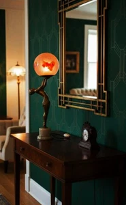 Figurenlampe Kunst Öko Tänzerin vergoldet Spelter Vintage Kugelschirm um 1930 Marmorsockel - Bild 1 von 23