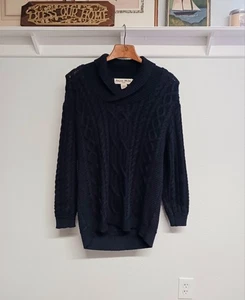 Maglione Aran Mor lana merino collo scialle taglia XL blu scuro maglia cavo pullover - Foto 1 di 7