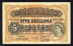 East Africa P-33. 1956 Five Shillings.. Elizabeth 11 Portrait..  gVF - Picture 1 of 2