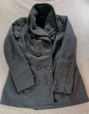 J2 JouJou Jacket Womens L Belted Trench Pea Coat Double Breasted Gray w/ BELT - Image 1 of 4