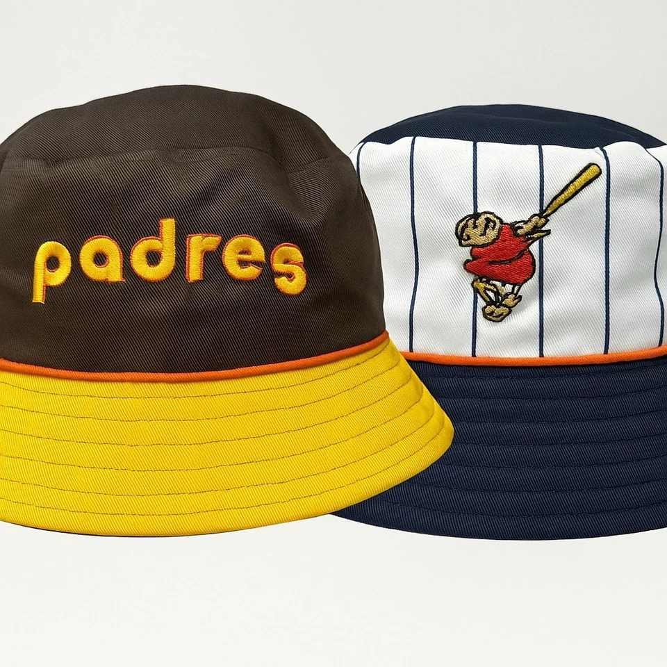 San Diego Padres Reversible Bucket Hat Brown Yellow Navy Pinstripe Retro NWT - Image 1 of 4