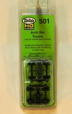 NEW HO Kadee #501 Arch Bar Trucks w/33" Ribbed Back Code 110 Wheels 1 Pair - Image 1 of 2