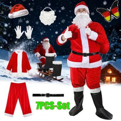 MARKENLOS Weihnachtsmann Kostüm Set Nikolaus Santa Claus Anzug Verkleidung Bart Mantel 7er
