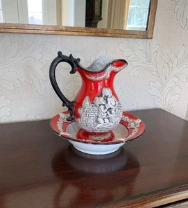 Vintage Cherub Putti Red & Black Italy 9" Bath Pitcher 10" Basin Bowl Ceramic - Picture 1 of 13