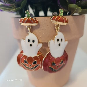 Halloween Earrings - Pumpkin Ghost Dangle Earrings, Spooky Fall Jewelry NWOT - Picture 1 of 4