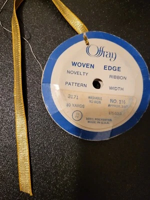 Vintage Offray Woven Edge Pattern 3171  Novelty Ribbon Gold 10 Yds.  3/8" - Image 1 of 4