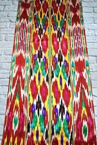 1970s/2.9 m ethnic vintage silk ikat fabric/Uzbek luxury boho cloth Khan-atlas - Picture 1 of 9