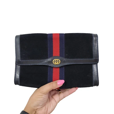 Bolso Clutch GUCCI Azul Marino Dorado Herrajes Línea Jerez Gamuza Auténtico Usado 12906 Foto 1 de 4