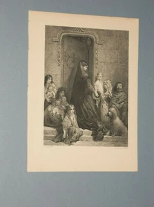 1888 GUSTAVE DORE GRABADO "LIMOSNA DANDO" SEÑORA DONANDO A LOS POBRES - Imagen 1 de 2