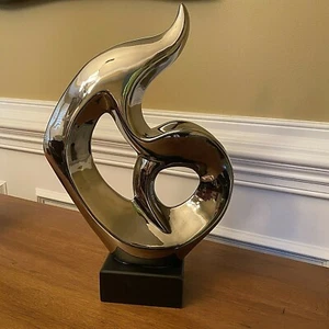 Home Goods Wave Sculpture Decor Mantel Chrome Metal Black Base Dolphin - Picture 1 of 7