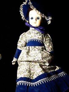 18" Vintage Replica porcelain doll: Blue and floral print dress - Picture 1 of 9